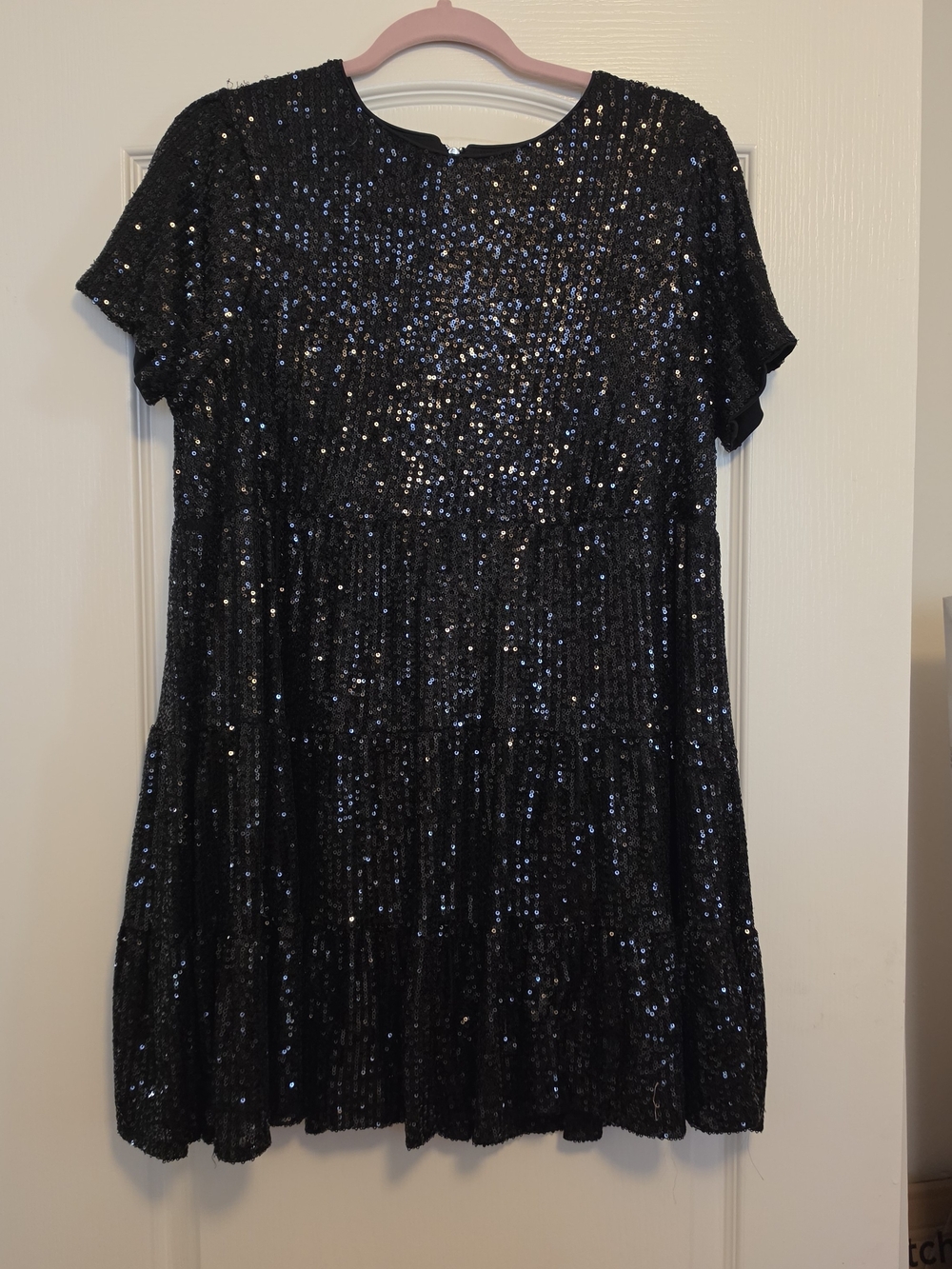 Lulu's Black Sequin Short Sleeve Tiered Mini Dress